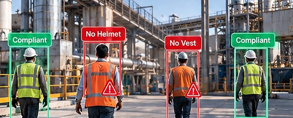 Representative plant camera frame with four workers: two marked compliant, one with no helmet and one with no vest